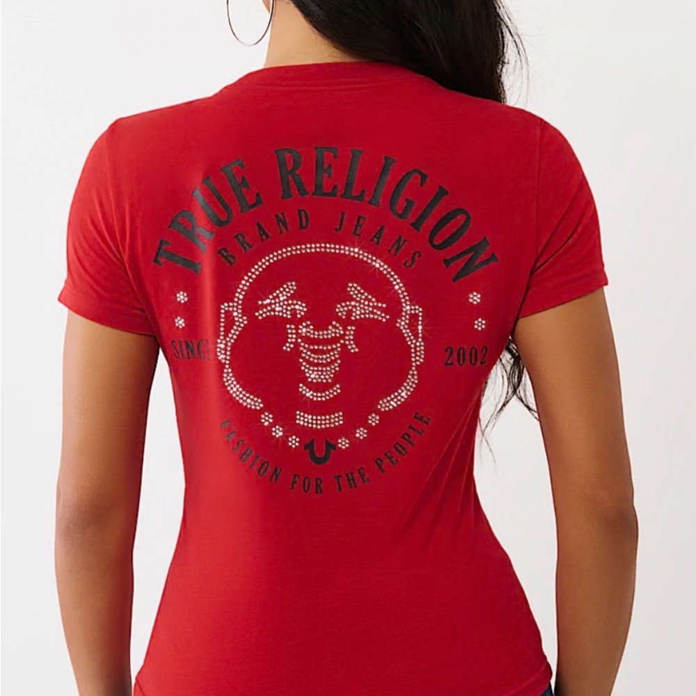 True Religion Women's Red Logo Tee Crystal Buddha Face Tee New Size M
